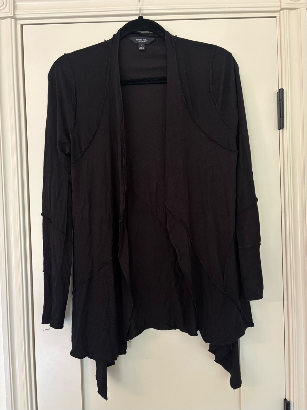 Vera Wang Black Lightweight Knit Ribbed Asymmetrical Fall Layering Cardigan SzM